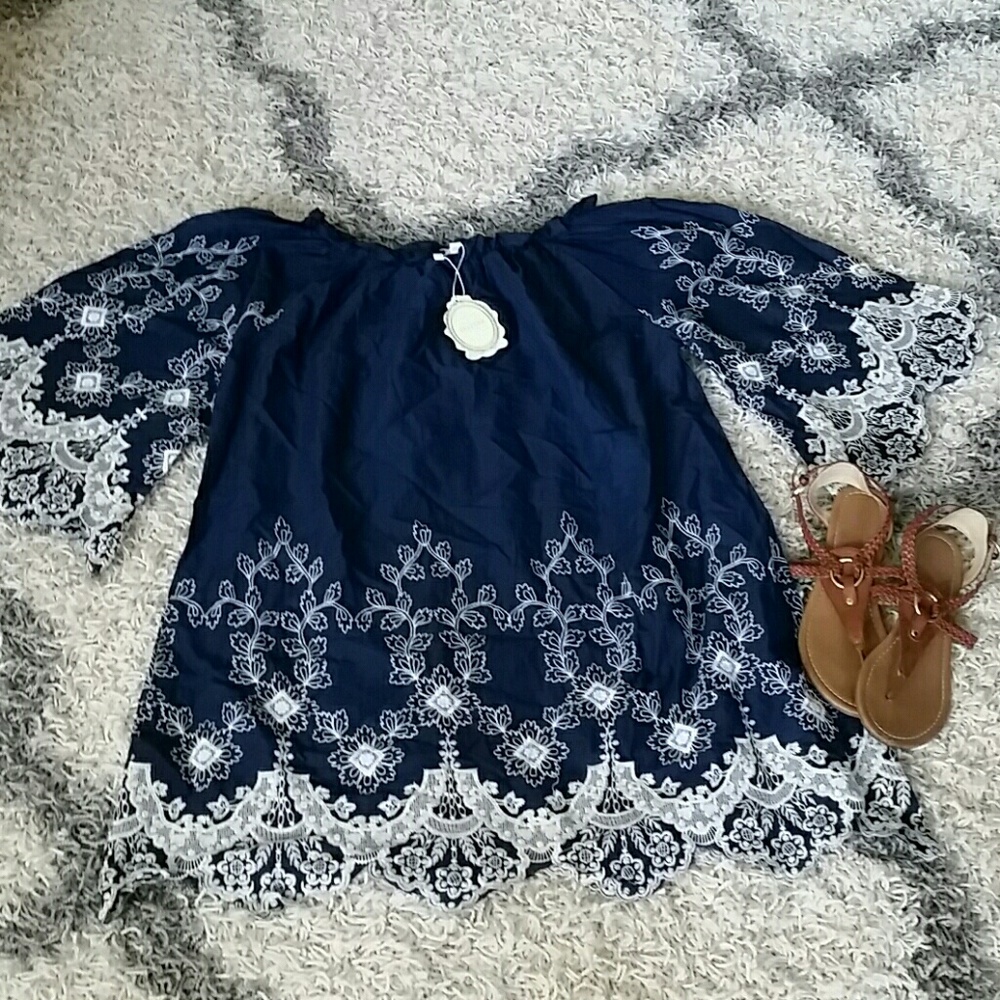 Blue top with embroidered sleeve
